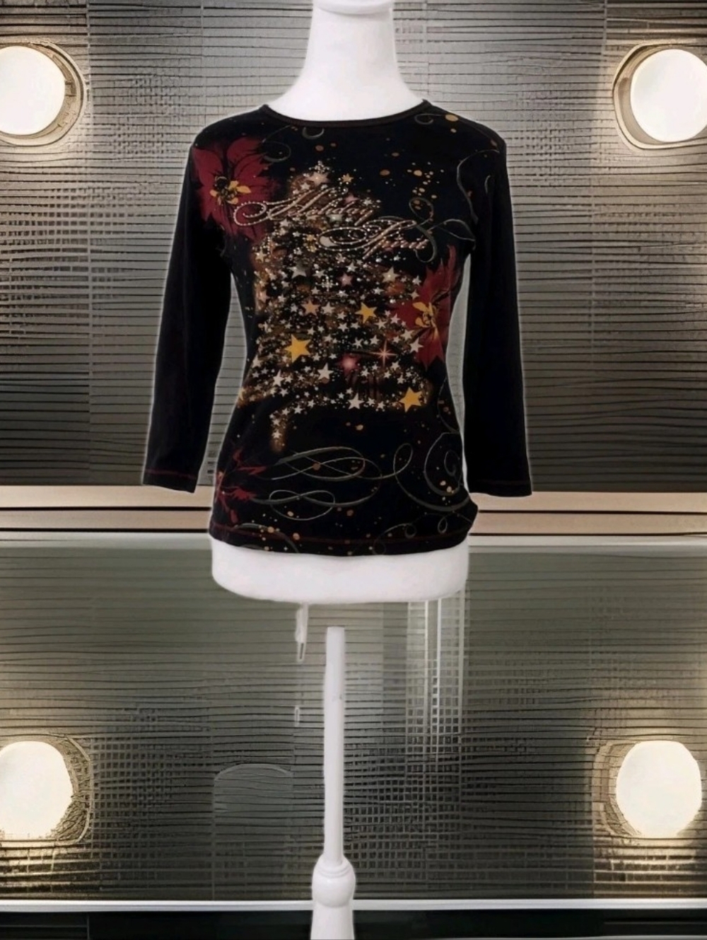 Black Christmas Tree Script Round Neck Long Sleeve Top